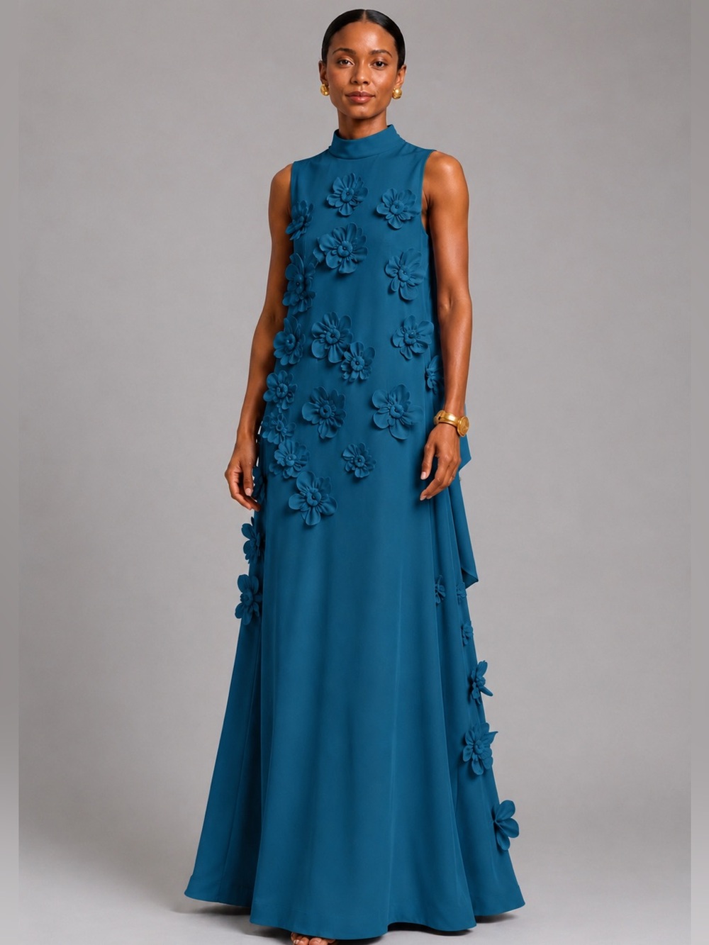 NWT Boutique Peacock Teal 3D Floral Appliqué Sleeveless Maxi Dress 4 & 0 - Picture 2 of 5